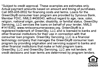 Financing for GreenSky© credit programs is provided by federally insured, federal and state chartered financial institutions without regard to race,color, religion,natinal origin, sex or familial status. NMLS #1416362; CT SLC-1416362; NJMT #1501607 C22