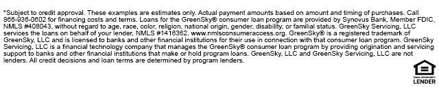 Financing for GreenSky©credit programs is provided by federally insured,federal and state chartered financial institutions without regard to race,color,religion,natinal origin,sex or familialstatus. NMLS #1416362;CT SLC-1416362;NJMT #1501607 C22